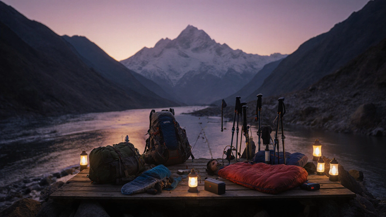Cinematic camp scene at dusk showing organized trekking gear in Uttarakhand.