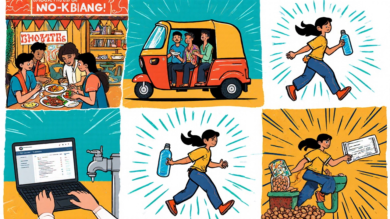 Comic panels of a traveler using budget tips: dhaba food, shared auto, hostel booking, water refill, rail ticket, market snacks.