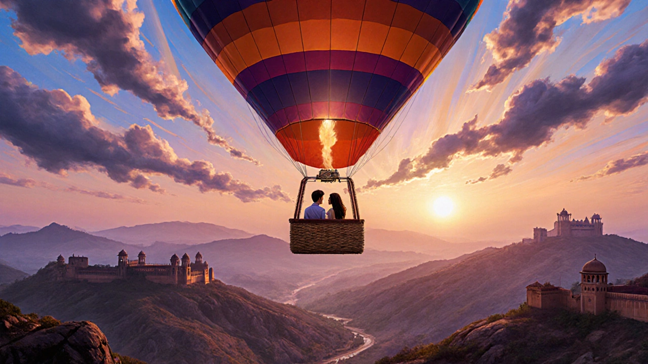 Couple in a hot‑air balloon soaring above the Aravalli hills at sunrise.