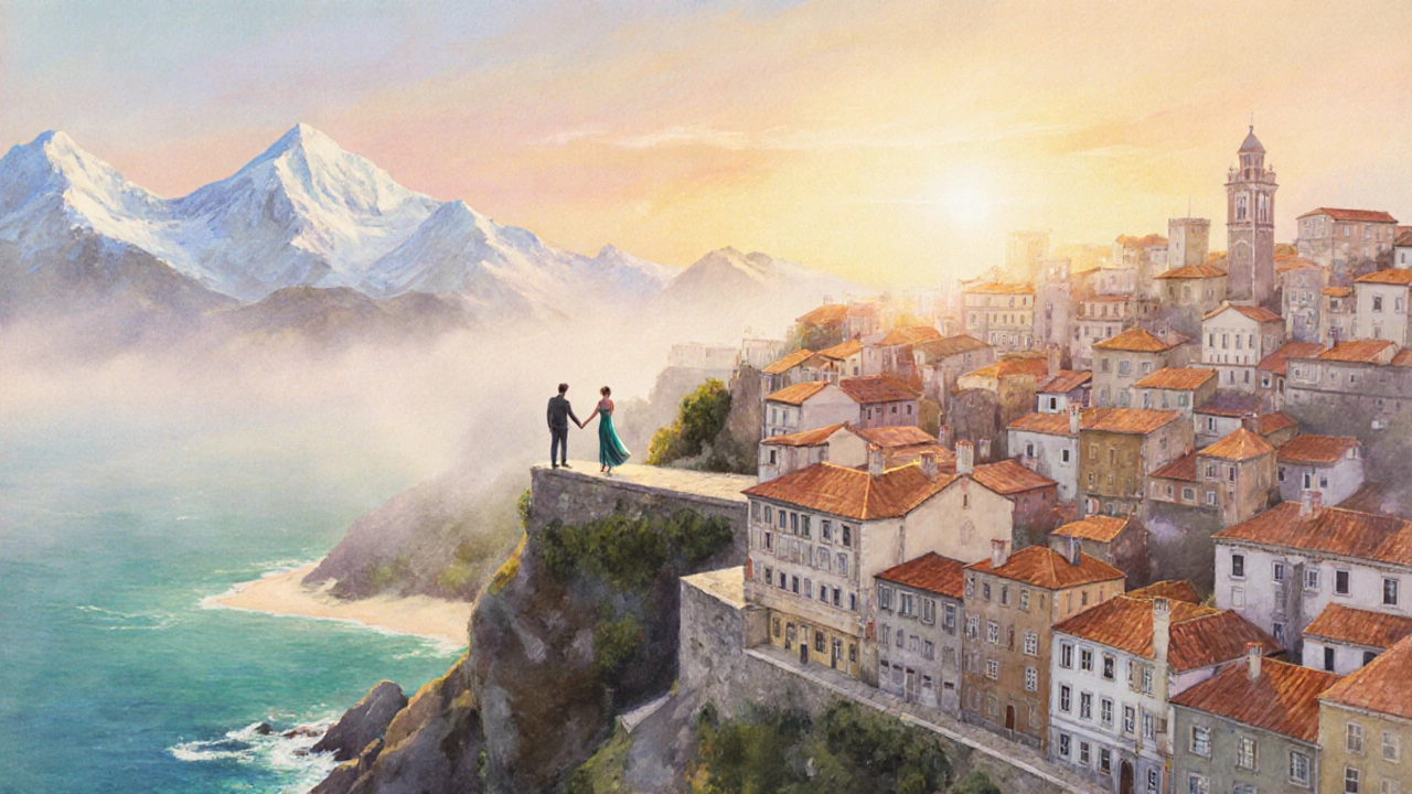 Couple on a Lisbon cliff at sunset, with distant hints of other dream destinations.