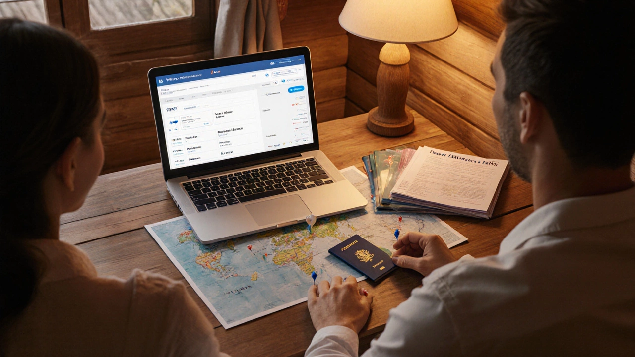 Couple planning honeymoon with laptop, maps, passport, and insurance papers.