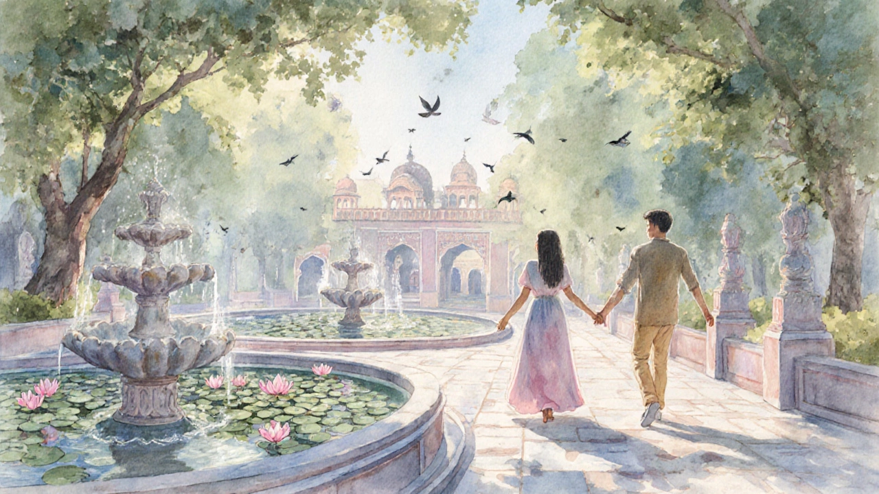 Couple walking through Saheliyon-i-Barah garden surrounded by marble fountains and lotus ponds.