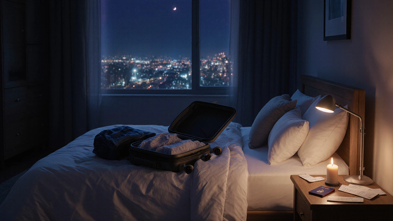 Cozy bedroom with an open suitcase, passport, candles, and city lights seen through a window.