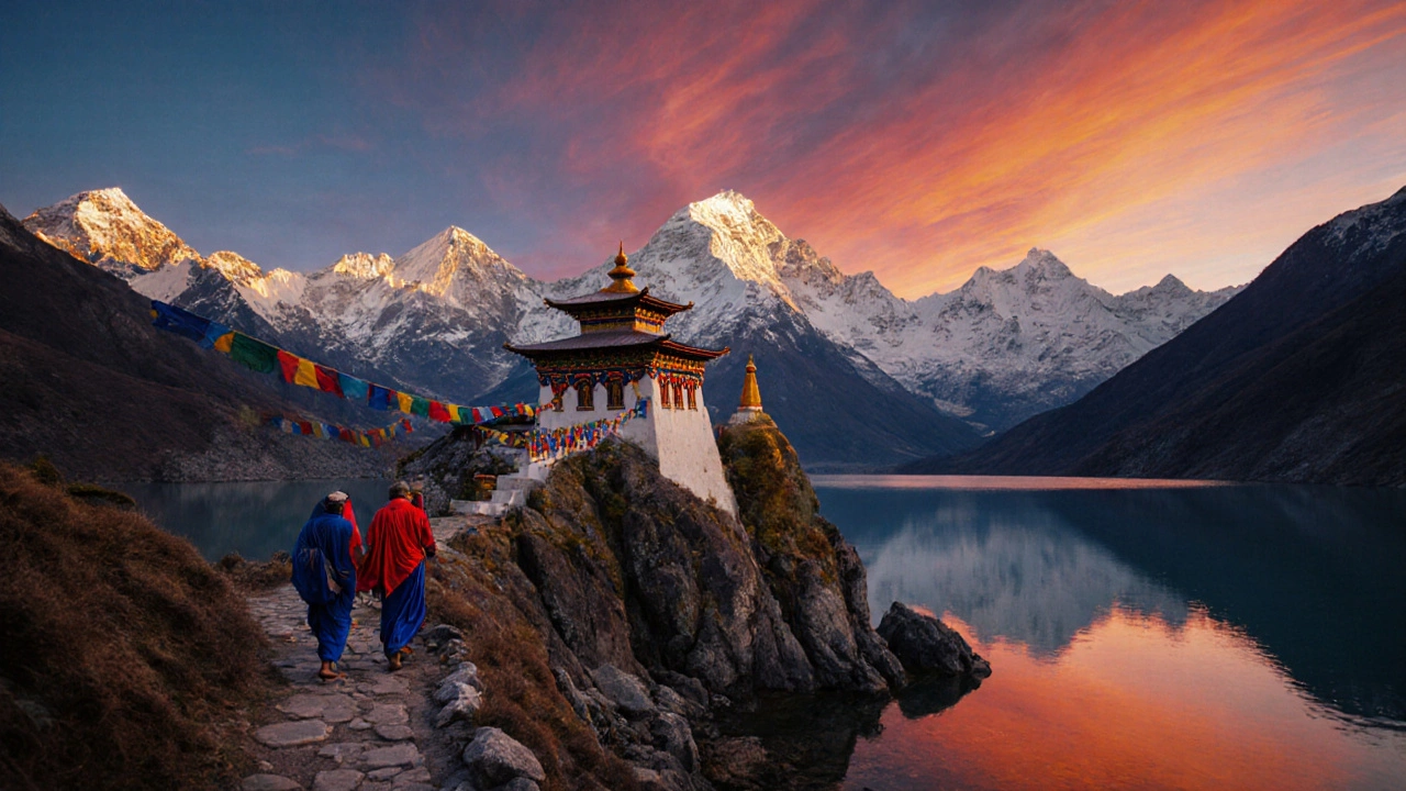 Dramatic sunrise over Khangchendzonga peaks with monastery and lake.