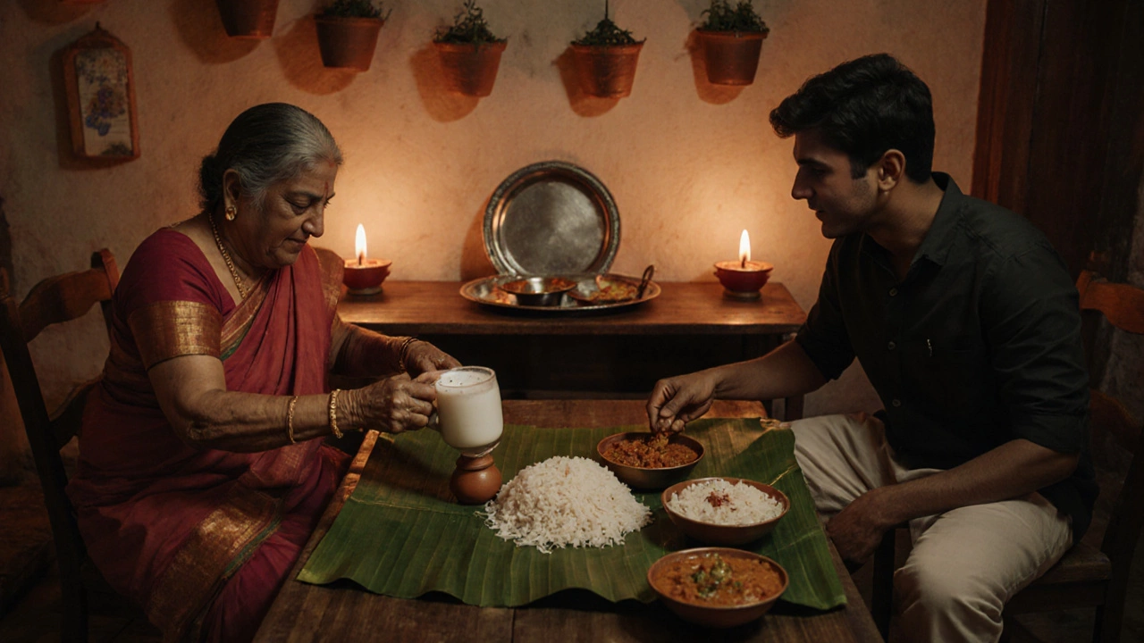 Family enjoying a South Indian lunch on a banana leaf, with buttermilk being poured and rice eaten by hand.