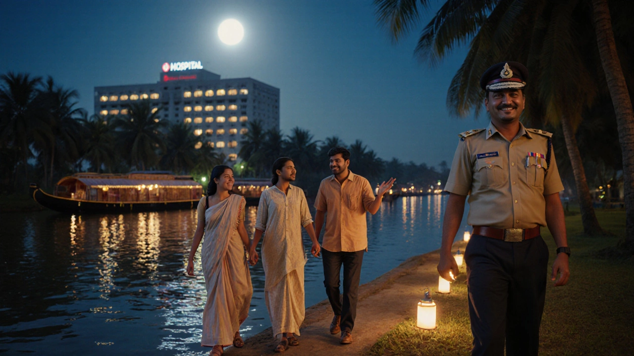 Family walking at night on Kerala backwaters with a tourist police officer and a lit hospital nearby.