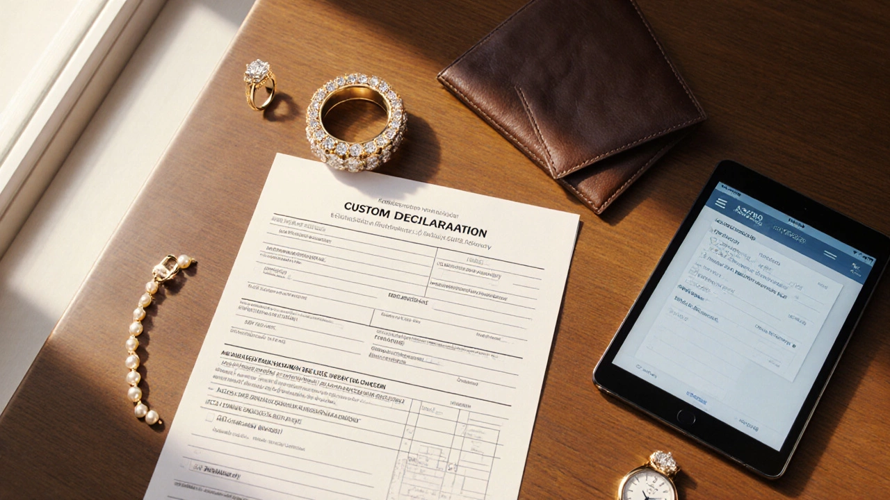Flat‑lay of customs form surrounded by gold ring, bracelet, watch and receipts.