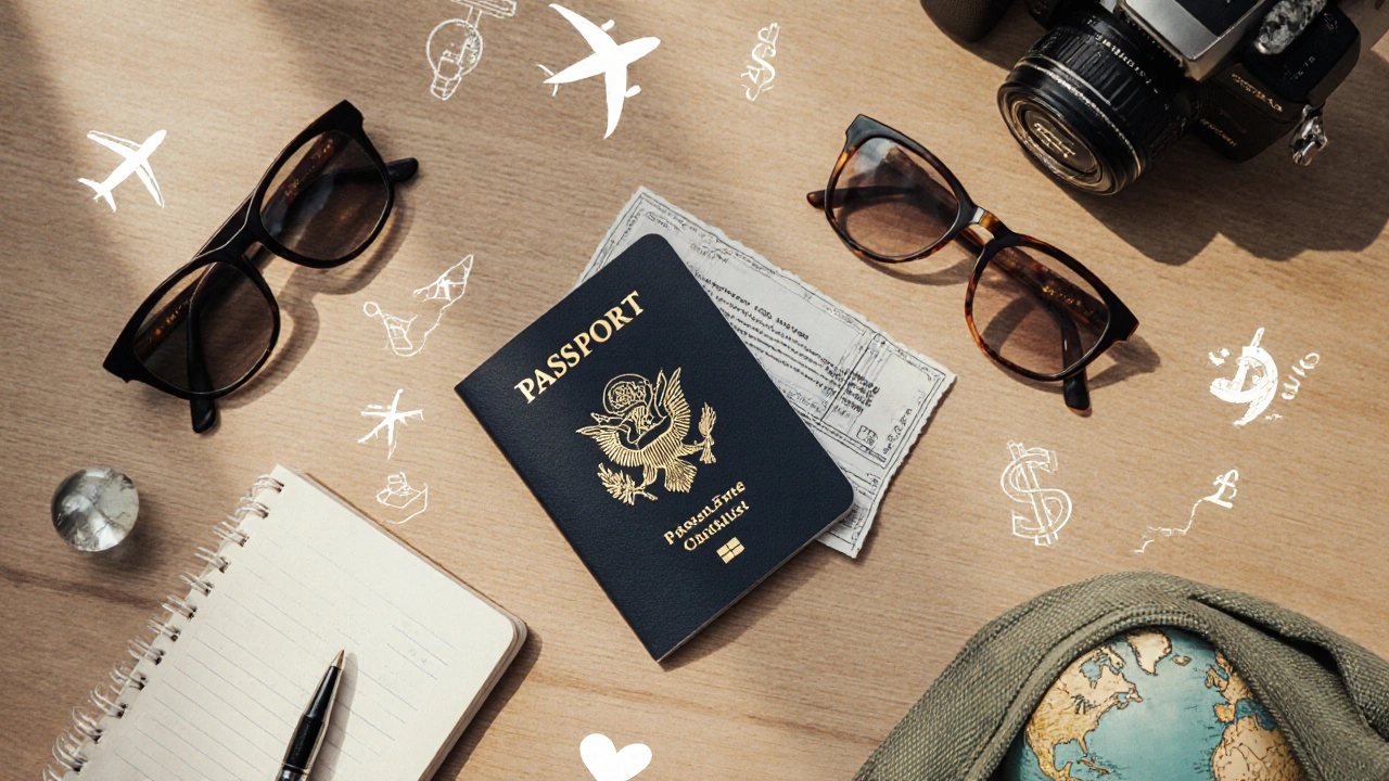 Flat lay of passport, camera, and travel items symbolizing trip planning.