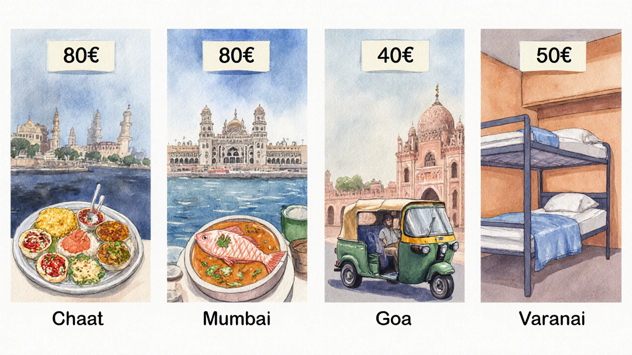 Four city vignettes showing meals, transport, and hostel beds with price tags for Delhi, Mumbai, Goa, Varanasi.