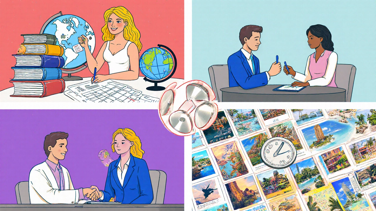 Four panels showing honeymoon decision styles: lead planner, equal partners, delegator, randomizer.