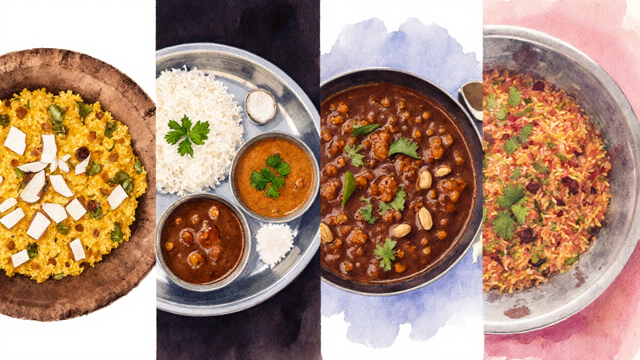 Four watercolor panels showing Tamil Nadu kootu, Kerala avial, Karnataka bisi bele bath, and Andhra pulihora meals.