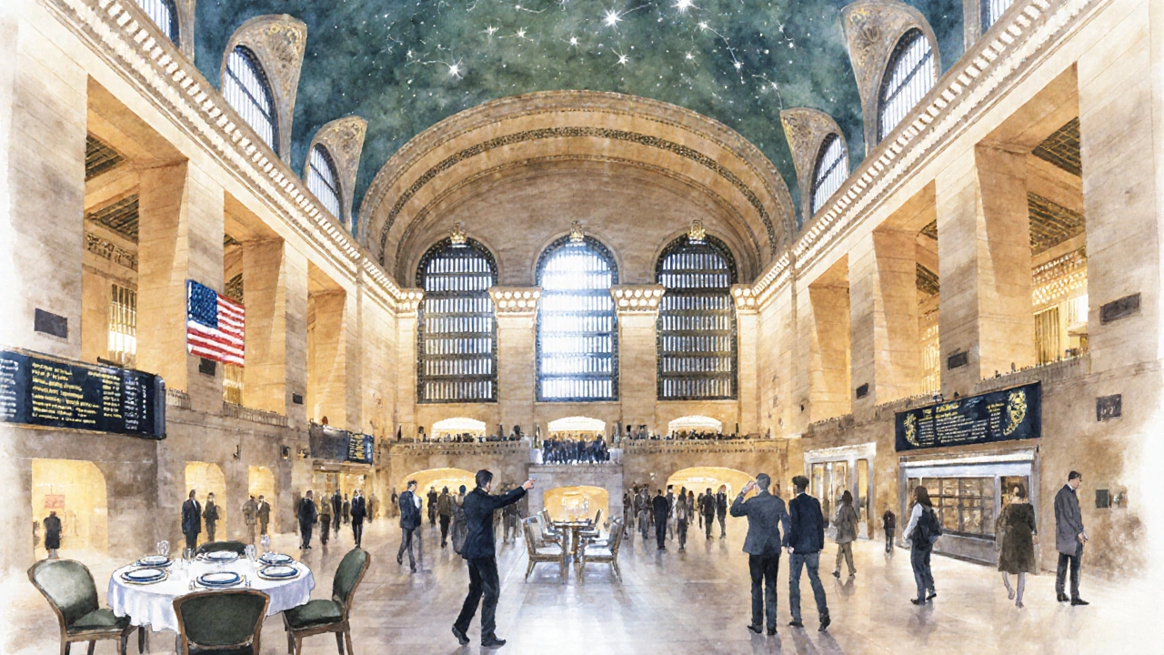 Grand Central Terminal interior with guide and tourists near the celestial ceiling.