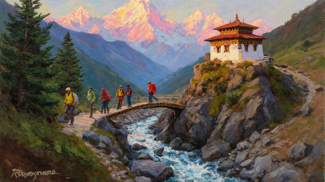 Impressionist painting of trekkers crossing Hampta Pass from forest to alpine.