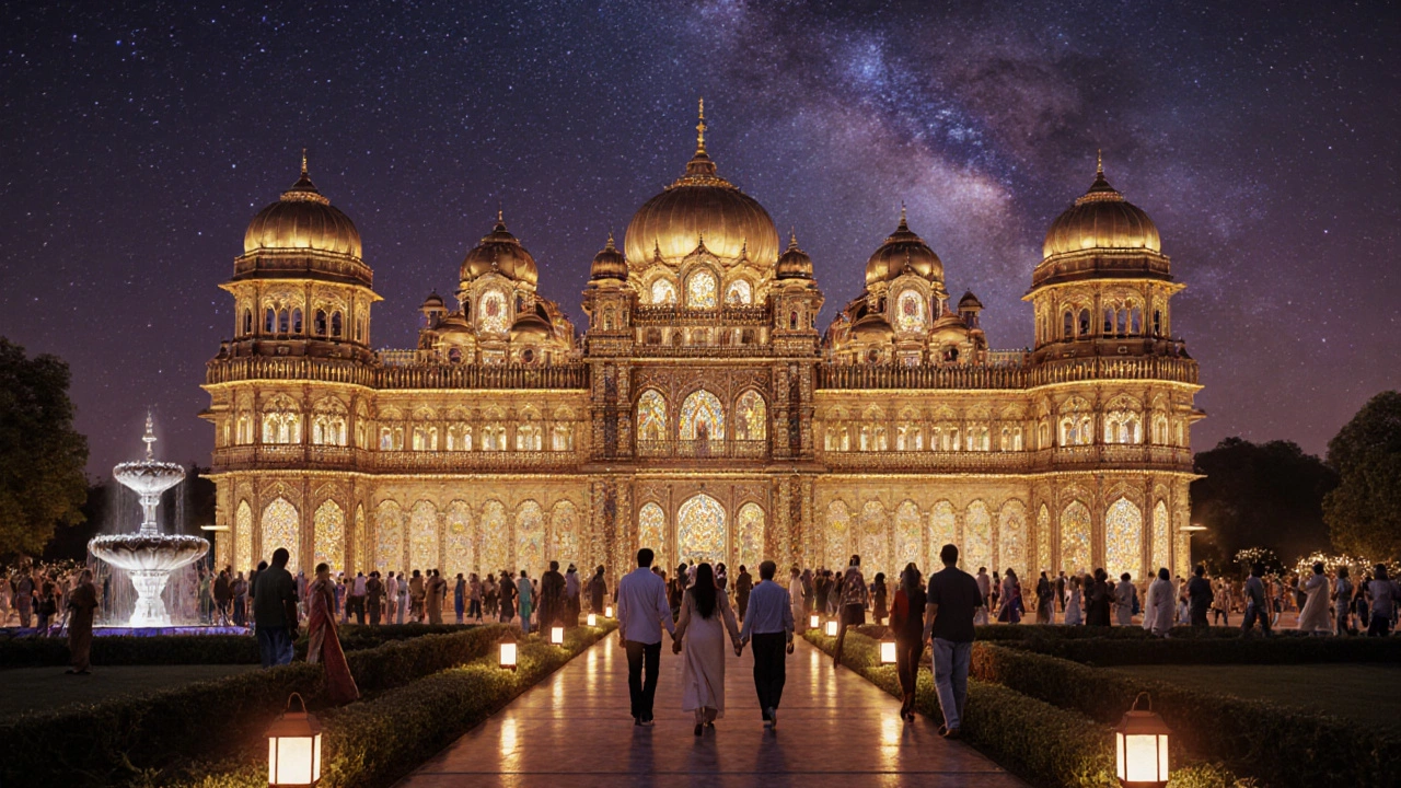 Mysore Palace illuminated at night with crowds walking in the garden.