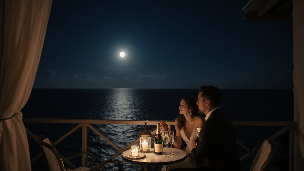 Romantic candlelit balcony dinner for two with ocean view.