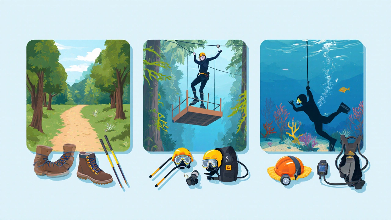 Side‑by‑side scenes of hiking, ziplining, and scuba gear laid out.