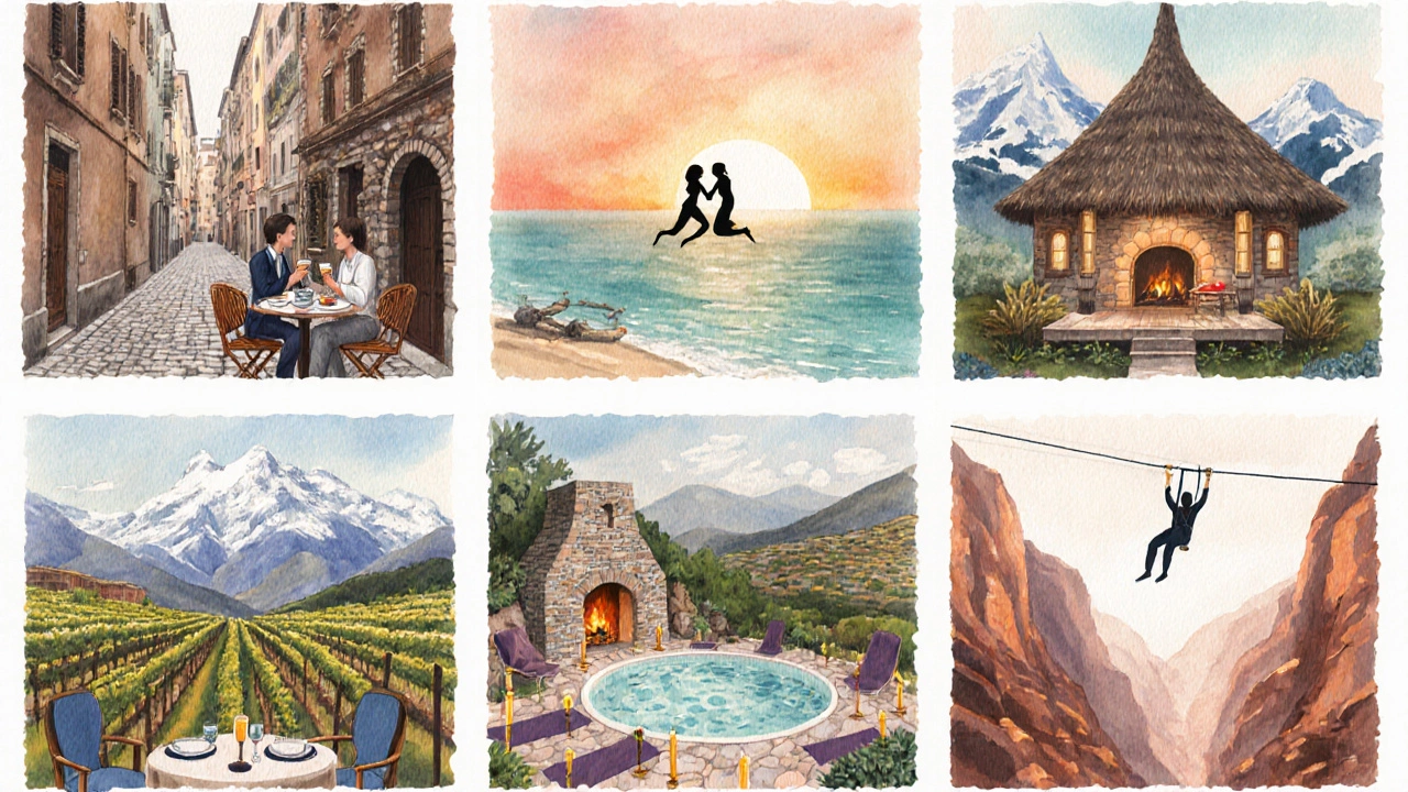 Six watercolor panels showing different mini honeymoon styles: city café, beach, mountain cabin, vineyard, spa garden, zip‑line adventure.