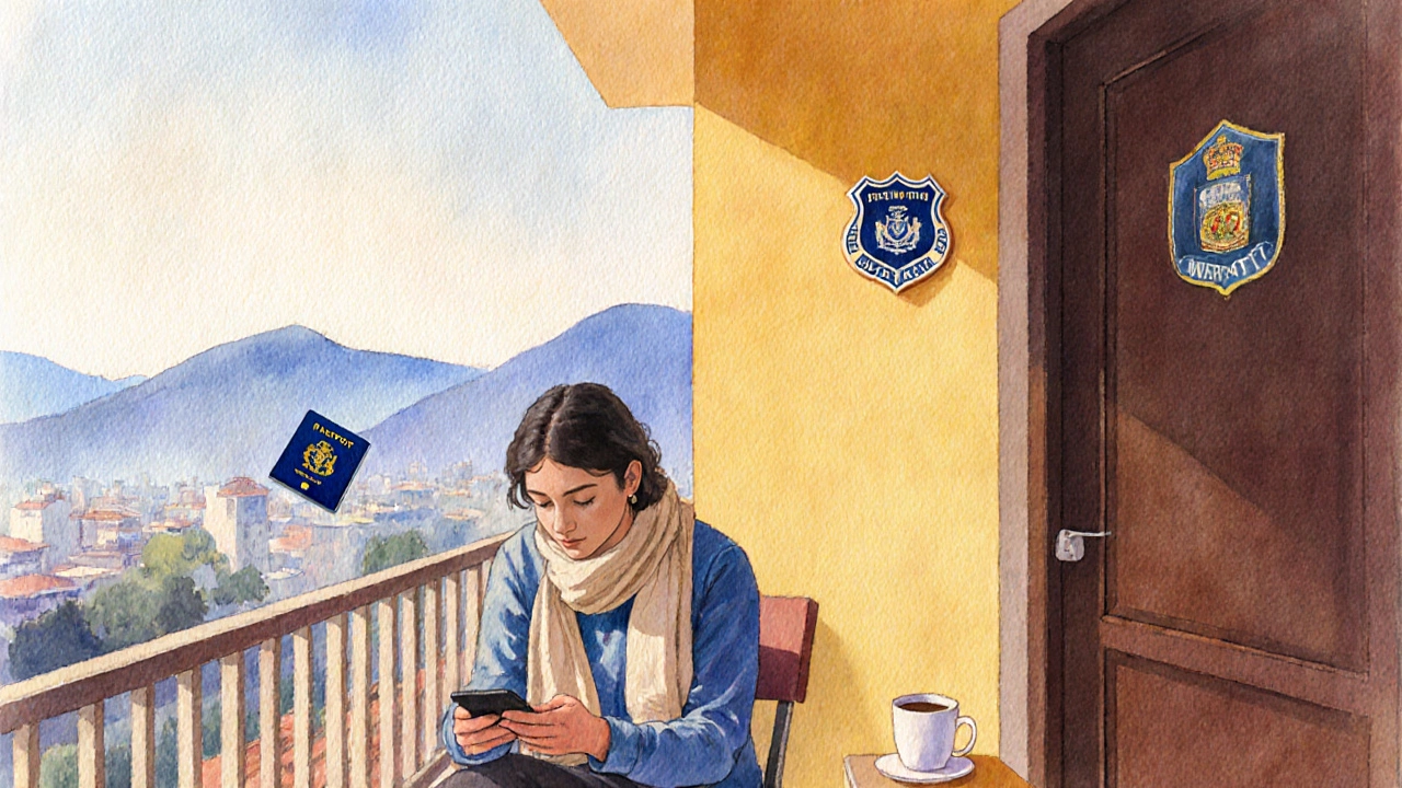 Solo traveler on a hotel balcony checking a ride‑hailing app, passport nearby, police badge on door.