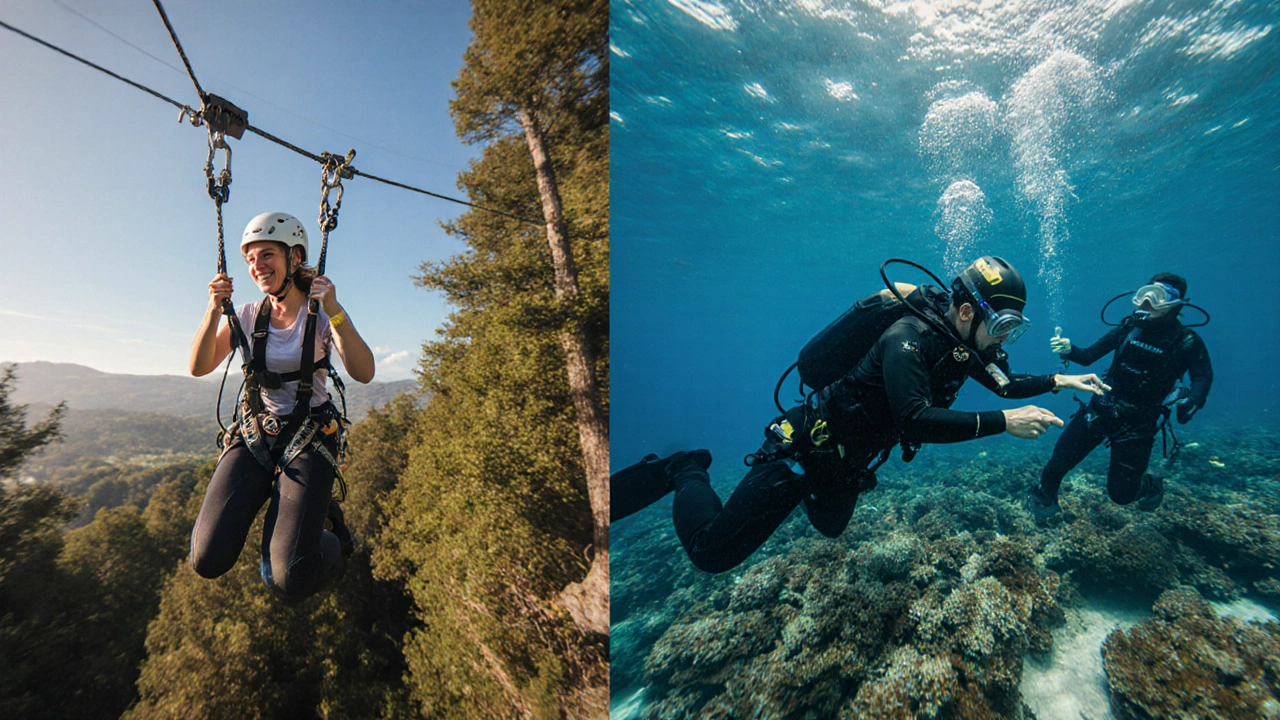Split scene of a zipline safety check and a scuba dive with equipment.