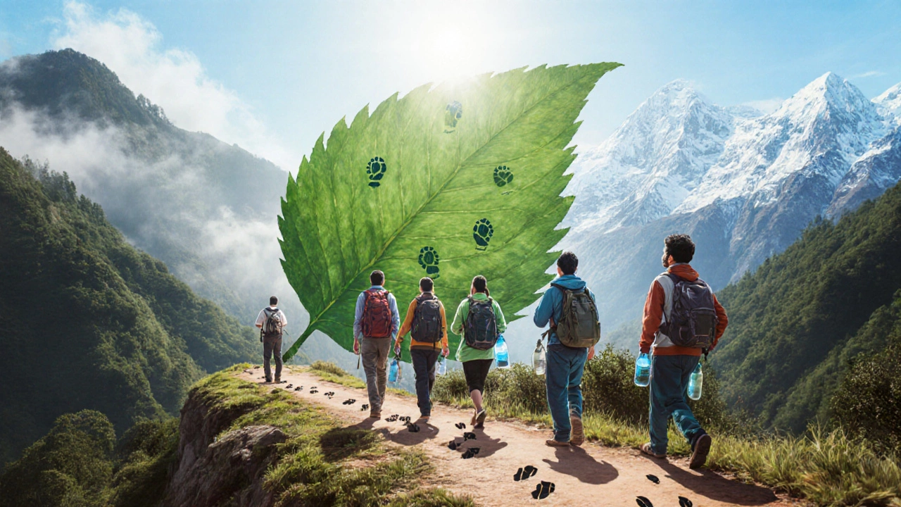 Travelers with guide on a trail linking Ghats to Himalayas, showing eco‑tourism.