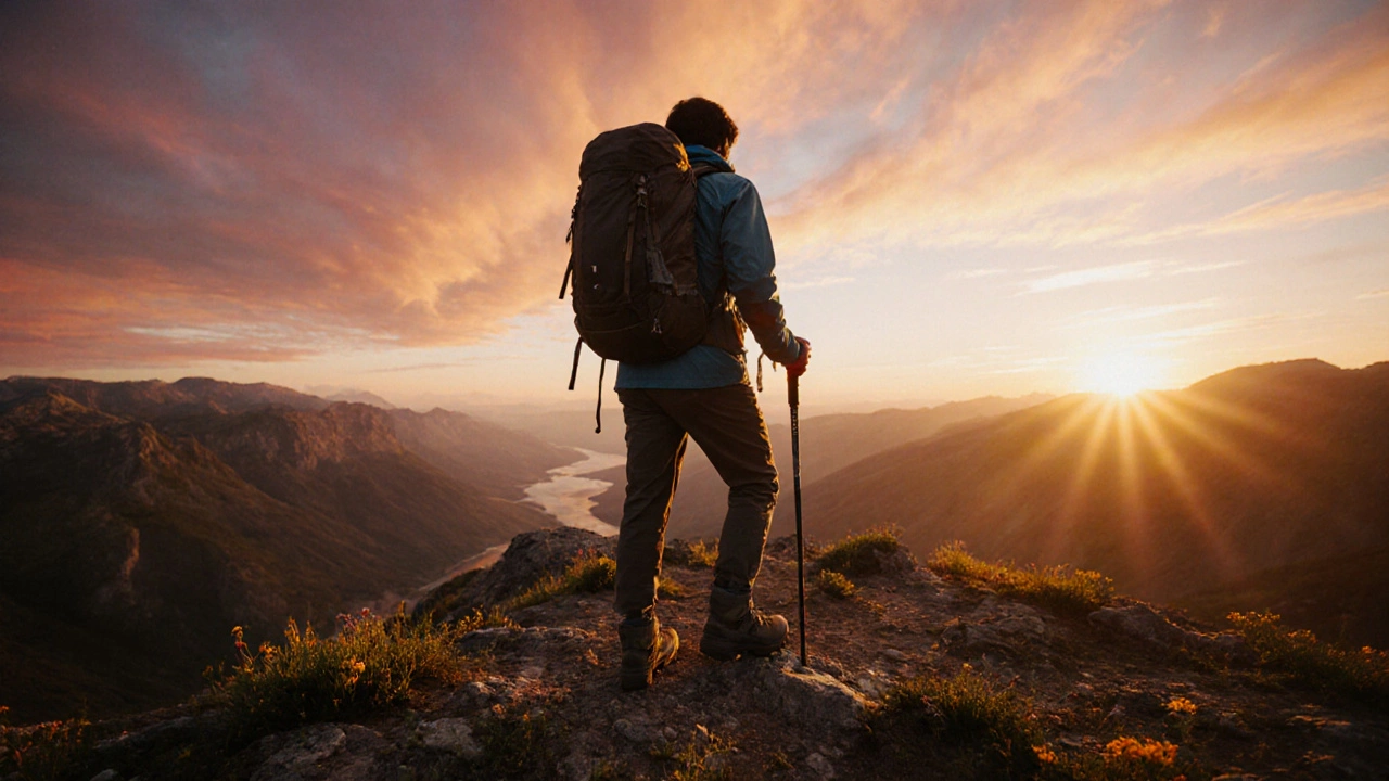 Trekker on a sunset ridge overlooking a valley, wearing supportive boots and a backpack.