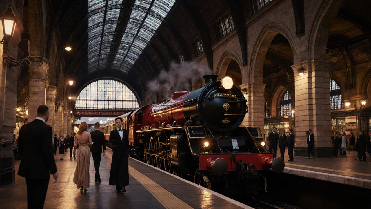Venice Simplon‑Orient‑Express at twilight on Platform 12, guests boarding.