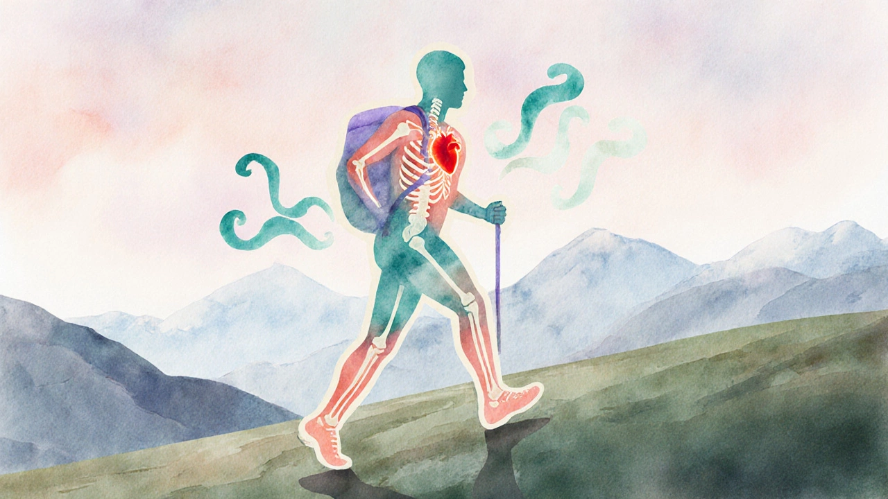 Watercolor of a hiker silhouette filled with heart, muscles, bones, and serotonin swirls.