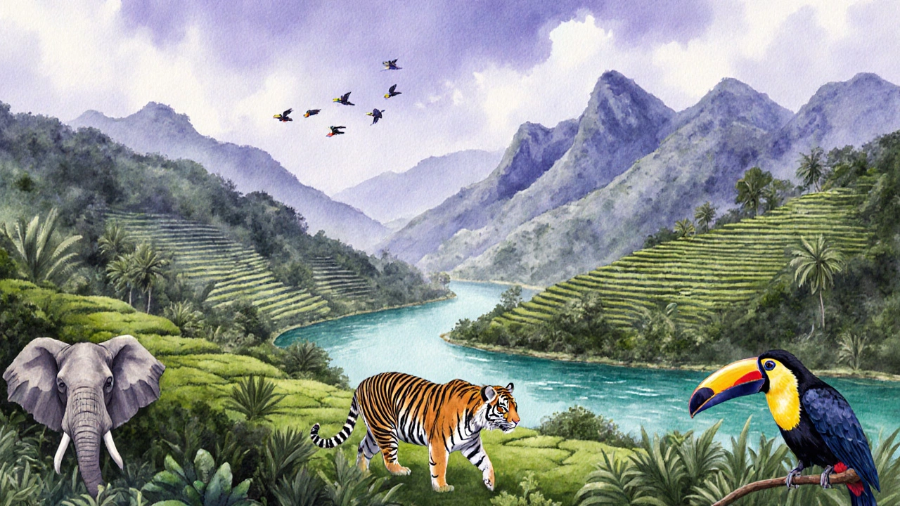 Watercolor of misty Western Ghats with tea farms, river, and wildlife.