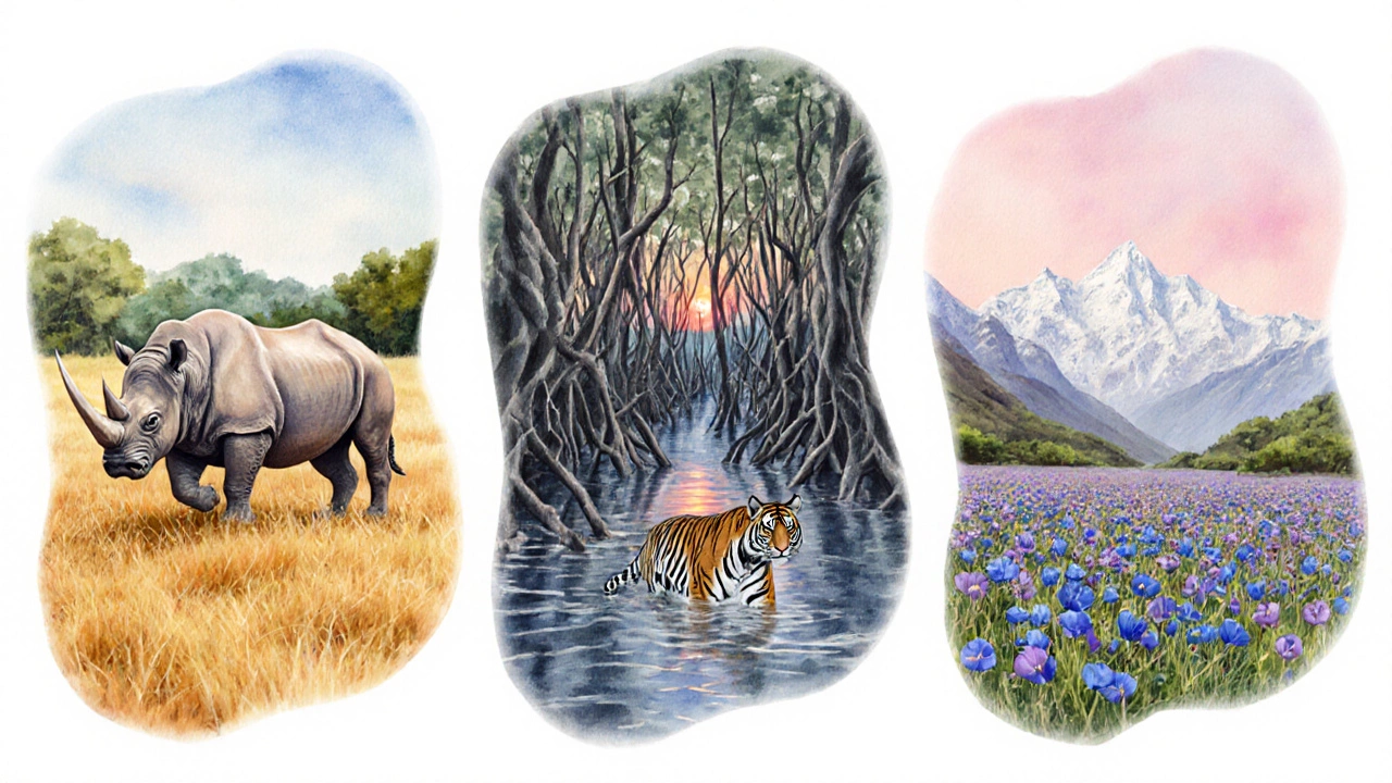 Watercolor panels of Kaziranga rhino, Sunderbans tiger, Valley of Flowers bloom.